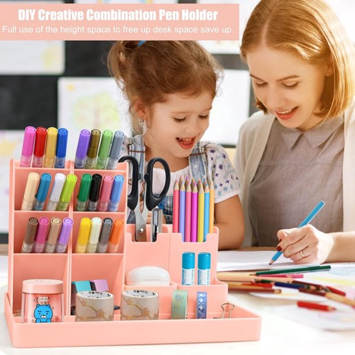 Pen Tray - 13 Compartments - Pen Holder - Desk Organizer - Pen Trays - Desk Organizer - Pen Case - Plastic - Removable - Storage System - Letter Tray - Desk Accessories - Pink