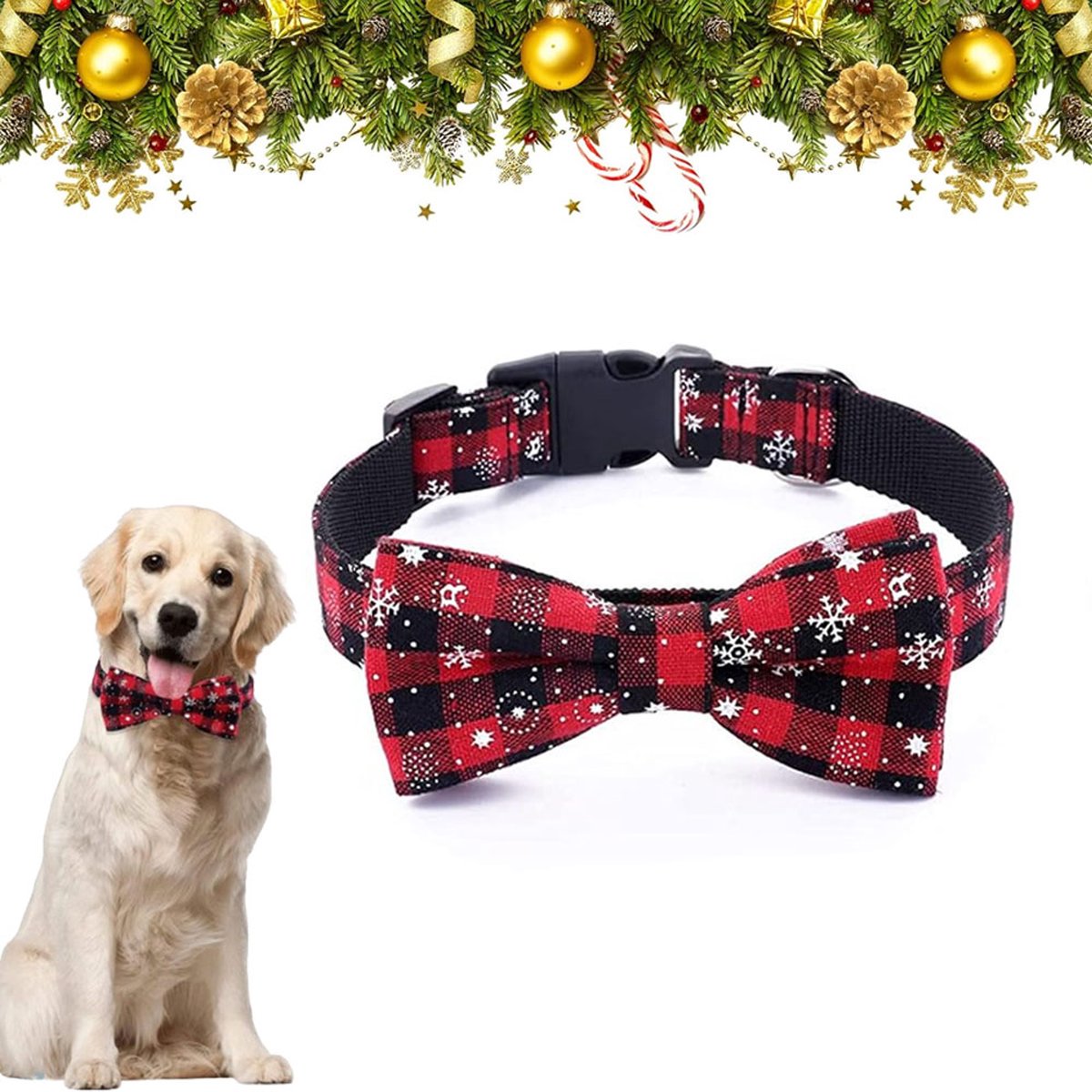 Christmas Dog Bow Tie - Festive Dog Bow Tie - Collar with Bow - Dog Collar - Red - Checkered Bowtie - Adjustable Neckline - Dog Accessories - Dog Clothing - Dogwear - Christmas - Gift - Size L