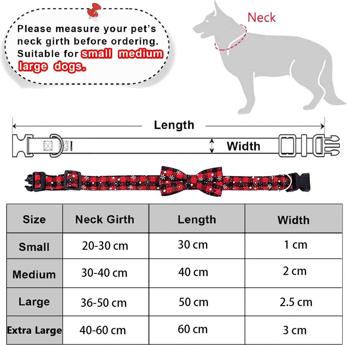 Christmas Dog Bow Tie - Festive Dog Bow Tie - Collar with Bow - Dog Collar - Red - Checkered Bowtie - Adjustable Neckline - Dog Accessories - Dog Clothing - Dogwear - Christmas - Gift - Size L
