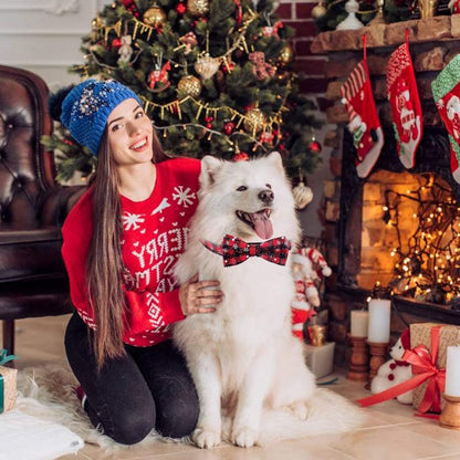 Christmas Dog Bow Tie - Festive Dog Bow Tie - Collar with Bow - Dog Collar - Red - Checkered Bowtie - Adjustable Neckline - Dog Accessories - Dog Clothing - Dogwear - Christmas - Gift - Size L
