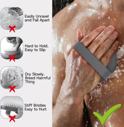 Silicone Bath Brush - 2 Pieces - Dry Brush Skin Brush - Back Scrubber - Body Scrubbers - Body Brush - Back Brush Shower - Shower Brush - Silicone Brush - Massage - Bath & Shower Accessories - Easy Lathering - Ergonomic Handle - Grey