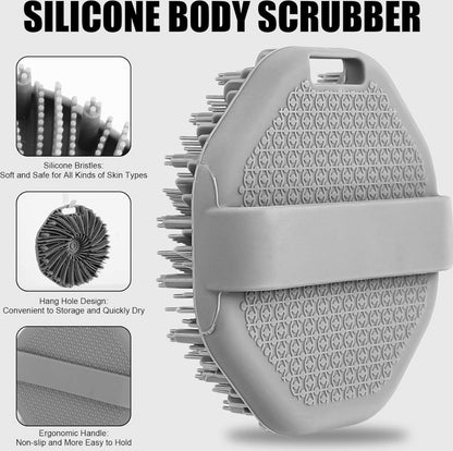 Silicone Bath Brush - 2 Pieces - Dry Brush Skin Brush - Back Scrubber - Body Scrubbers - Body Brush - Back Brush Shower - Shower Brush - Silicone Brush - Massage - Bath & Shower Accessories - Easy Lathering - Ergonomic Handle - Grey