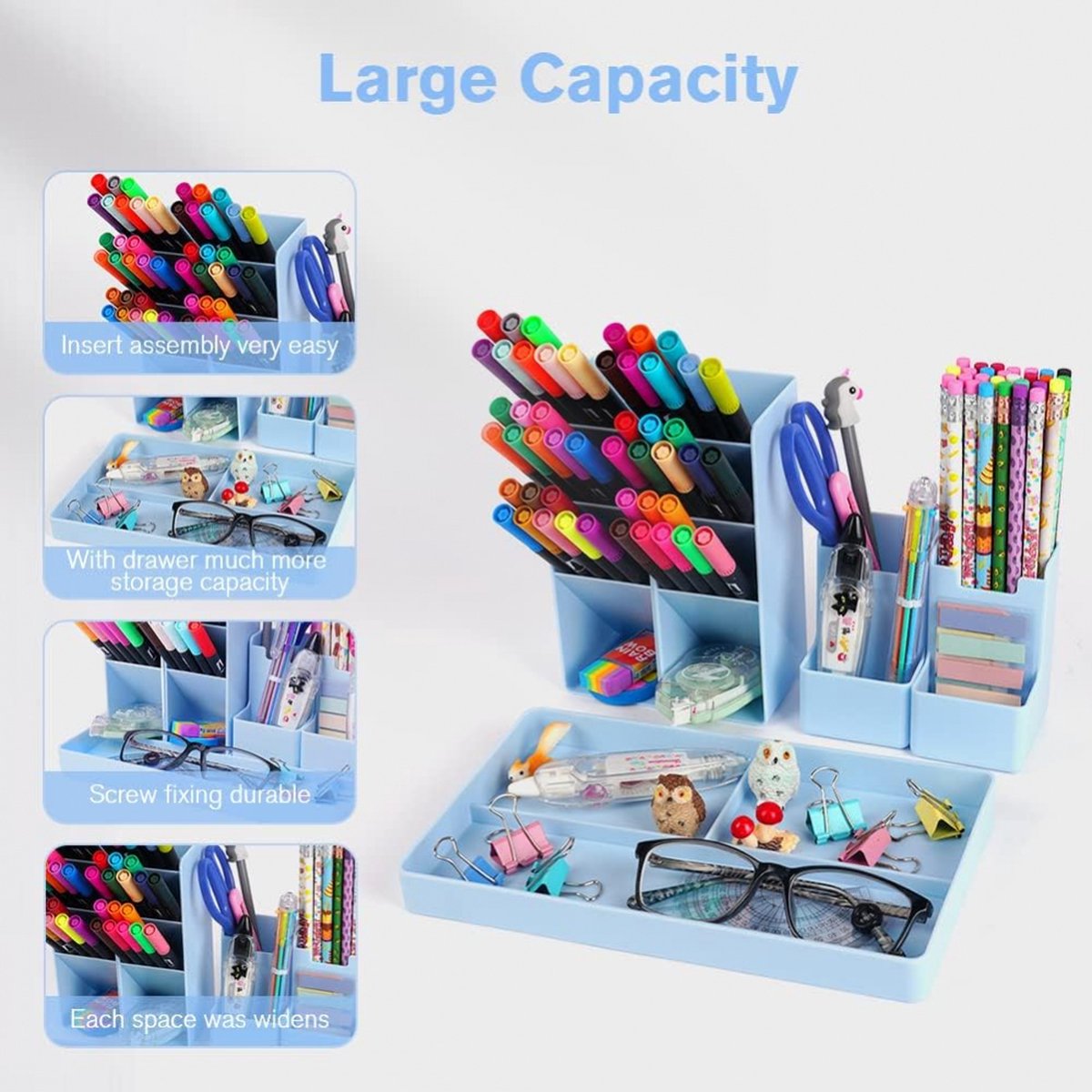 Pen Tray - 13 Compartments - Pen Holder - Desk Organizer - Pen Trays - Desk Organizer - Pen Case - Plastic - Removable - Storage System - Letter Tray - Desk Accessories - Blue
