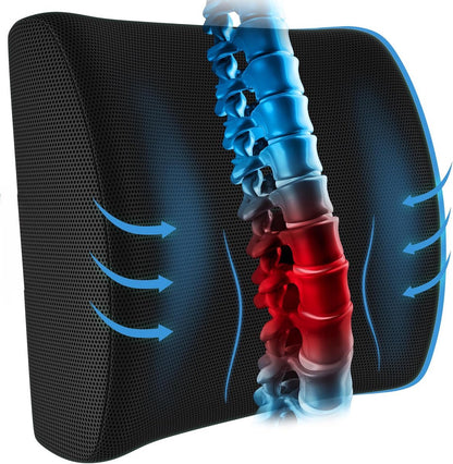 Ergonomic Lower Back Cushion - Memory Foam - Back Support - Lumbar Support - Relieve Fatigue - For Car, Office Chair, Sofa and Bed - Car Cushion - Working from Home - Black - Back Pain & Sitting Comfort