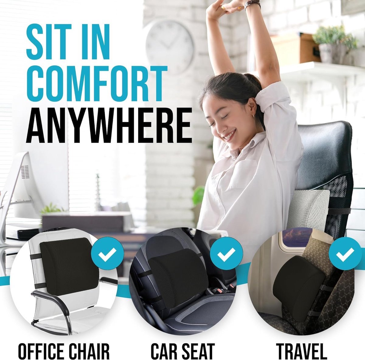 Ergonomic Lower Back Cushion - Memory Foam - Back Support - Lumbar Support - Relieve Fatigue - For Car, Office Chair, Sofa and Bed - Car Cushion - Working from Home - Black - Back Pain & Sitting Comfort