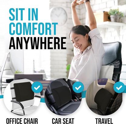 Ergonomic Lower Back Cushion - Memory Foam - Back Support - Lumbar Support - Relieve Fatigue - For Car, Office Chair, Sofa and Bed - Car Cushion - Working from Home - Black - Back Pain & Sitting Comfort