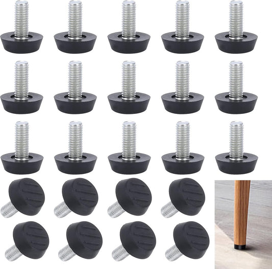Adjustable Foot - 20 Pieces - Adjustable Feet with Felt Pads - Adjustable Foot M6 - 20mm Dia - Metal Adjustable Foot - 2.6 cm High - Furniture Coaster - Black / Silver - Plastic - Stainless Steel - Adjustable Feet - Felt Pads - Floor Protectors - Floor Gl