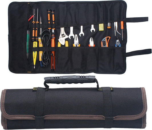 Roll-Up Case - Tool Bag - 600d Oxford Cloth - With Handle - Water-Resistant - Portable - Inner Pocket with Zipper - Easy Roll Bag - Multiple Compartments - 58 x 35 cm - Tool Pouch - Tool Roll - Black - Wear-Resistant & Durable (Without Tools).