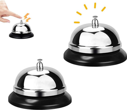Table Bell - 2 Pieces - Reception Bell - Small Table Bell - School Bell - Counter Bell - Hotel Bell - Butler Bell - Kitchen Bell - Hospitality Bell - Santa Claus Bell - Stainless Steel - 9 Cm - Loud Sound - Bell - Silver/Black.