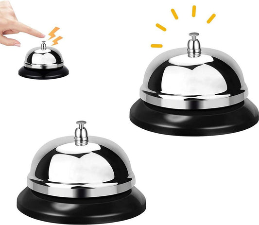 Table Bell - 2 Pieces - Reception Bell - Small Table Bell - School Bell - Counter Bell - Hotel Bell - Butler Bell - Kitchen Bell - Hospitality Bell - Santa Claus Bell - Stainless Steel - 9 Cm - Loud Sound - Bell - Silver/Black.