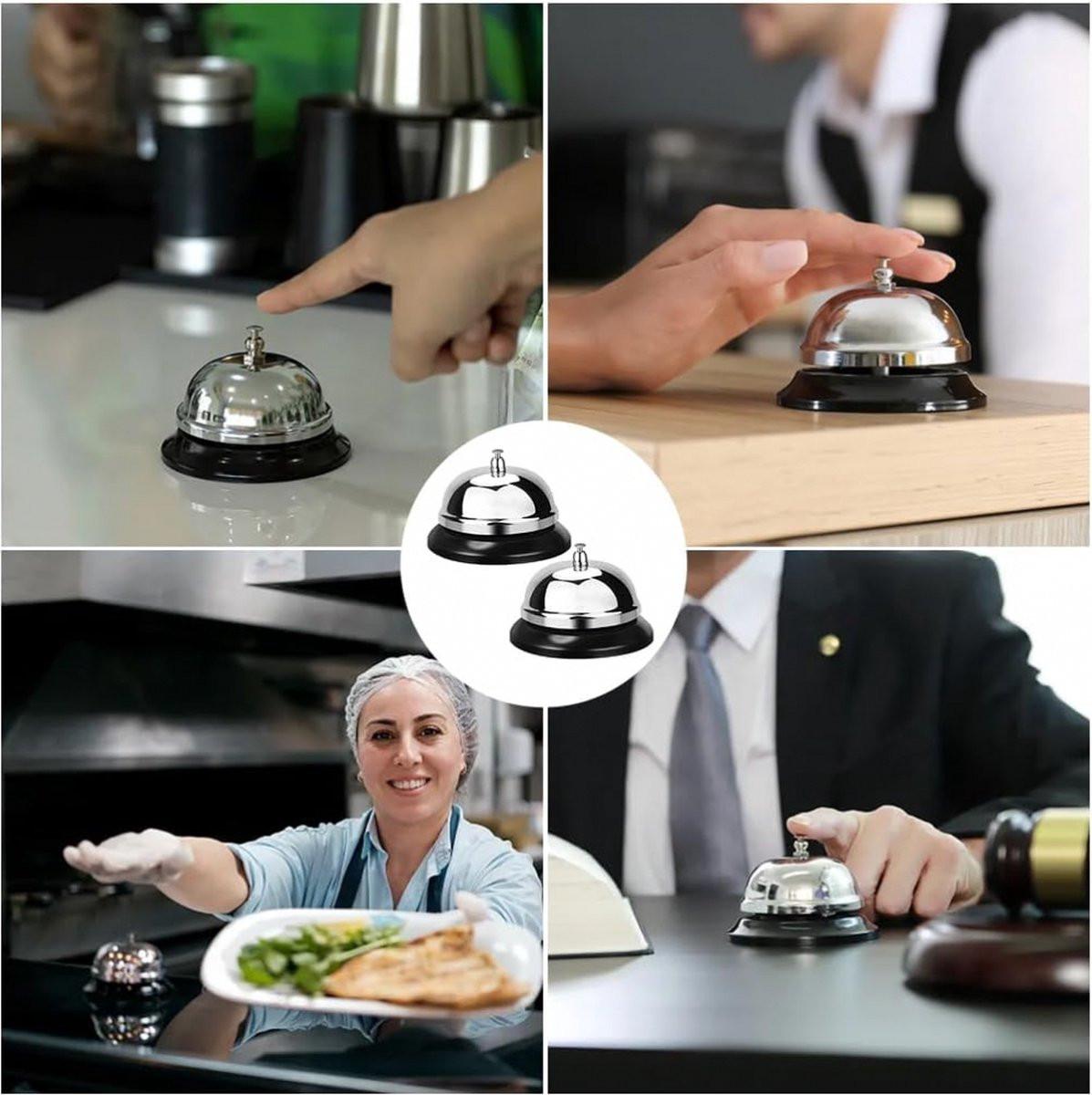 Table Bell - 2 Pieces - Reception Bell - Small Table Bell - School Bell - Counter Bell - Hotel Bell - Butler Bell - Kitchen Bell - Hospitality Bell - Santa Claus Bell - Stainless Steel - 9 Cm - Loud Sound - Bell - Silver/Black.