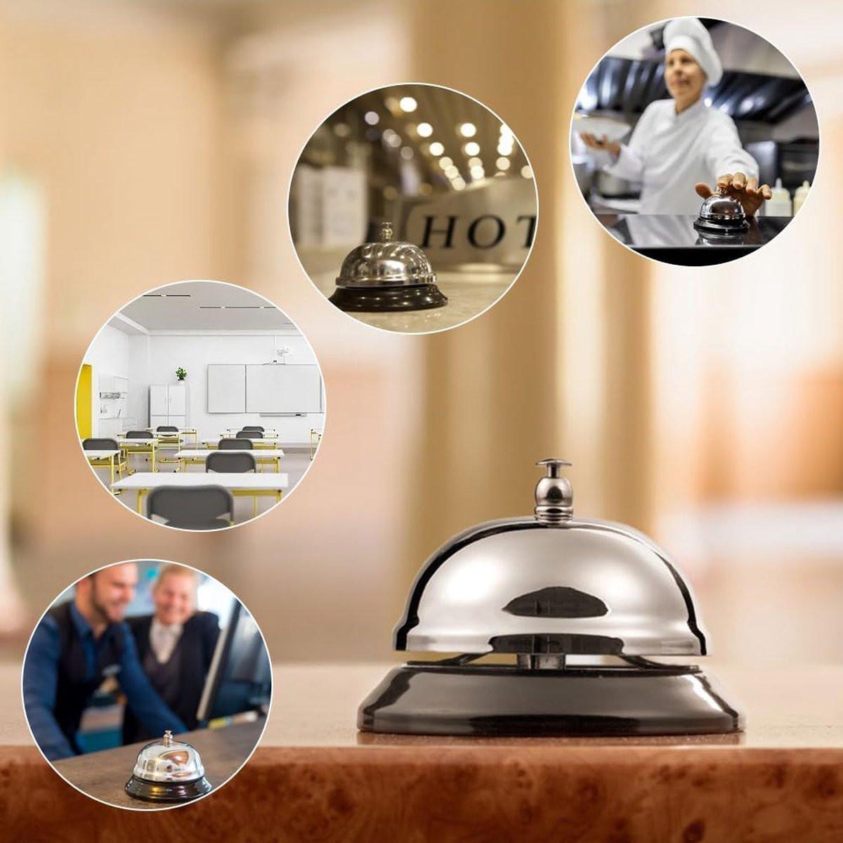 Table Bell - 2 Pieces - Reception Bell - Small Table Bell - School Bell - Counter Bell - Hotel Bell - Butler Bell - Kitchen Bell - Hospitality Bell - Santa Claus Bell - Stainless Steel - 9 Cm - Loud Sound - Bell - Silver/Black.