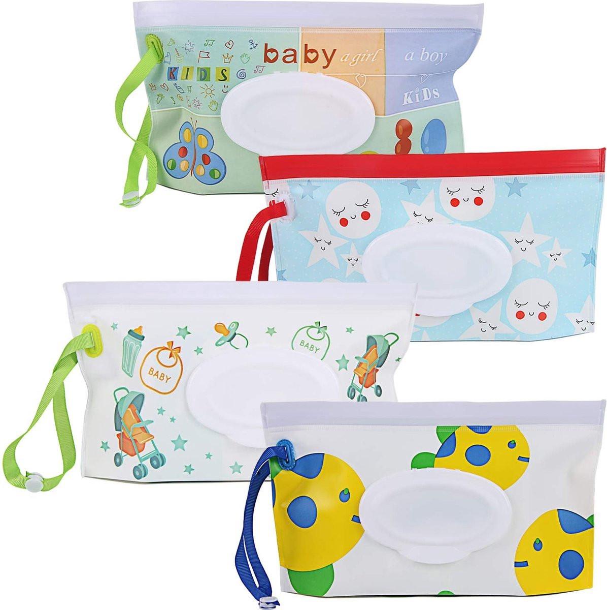4x Baby Wipes Holder - Moist Tissue Holder - Refillable Portable Wet Wipes Holder - Non-Toxic - Dustproof - With Lanyard - Wet Wipes Box - Baby Wipes Box - Dispenser - Baby Gift - For Makeup Wipes, Cleansing Wipes.