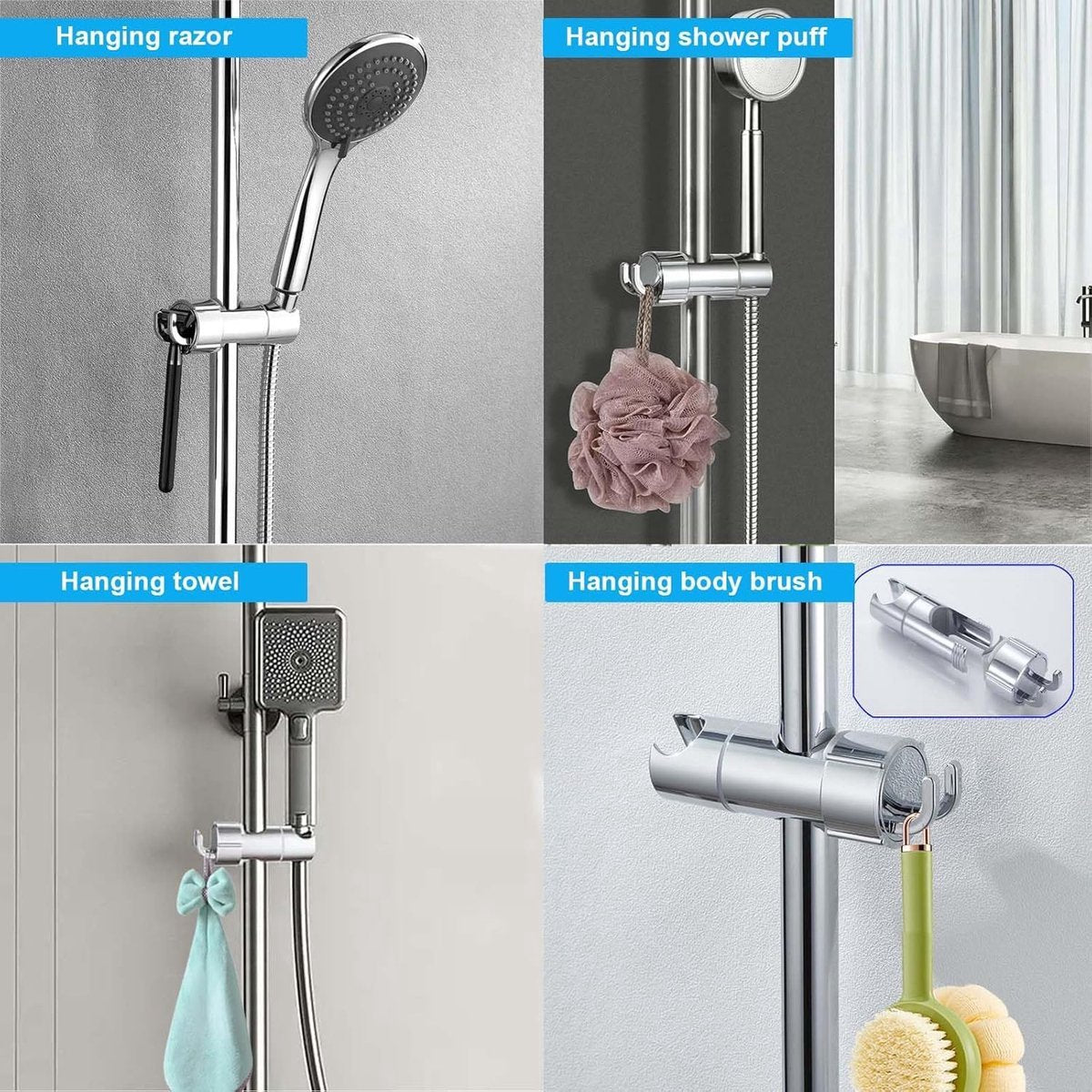 Slide Piece for Shower Rod - ø 18-25 mm - Hand Shower Bracket - With 2 Hooks - Chrome - Adjustable - ABS - Hand Shower - Shower Head - Shower Head Holder - Hand Shower Holder - Shower - Bathroom - Black - Universal - For Shower Rod - Easy Installation