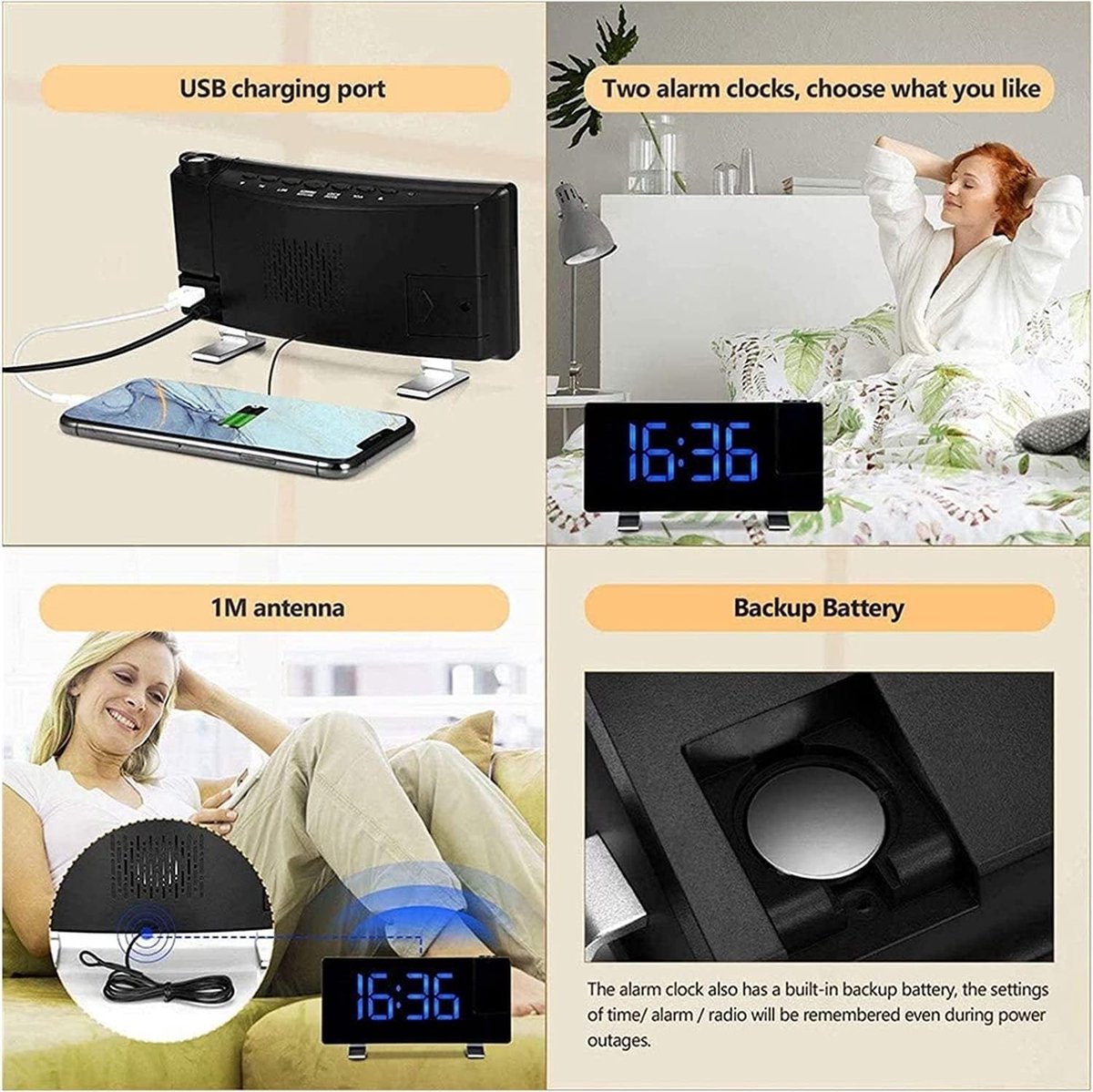 Alarm clock - radio - clock - Projection alarm clock - Digital alarm clock - Projection clock - Alarm clock radio - Clock radio - digital clock - projection clock - 360 degrees - LED - Adjustable brightness - Loud enough - for bedroom / living room / offi