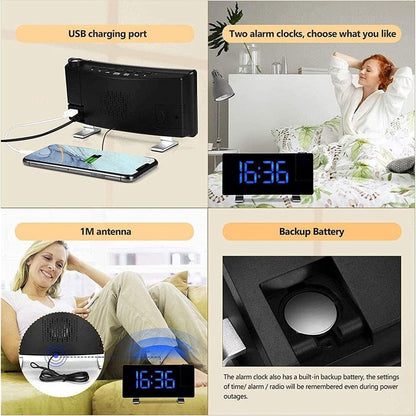 Alarm clock - radio - clock - Projection alarm clock - Digital alarm clock - Projection clock - Alarm clock radio - Clock radio - digital clock - projection clock - 360 degrees - LED - Adjustable brightness - Loud enough - for bedroom / living room / offi