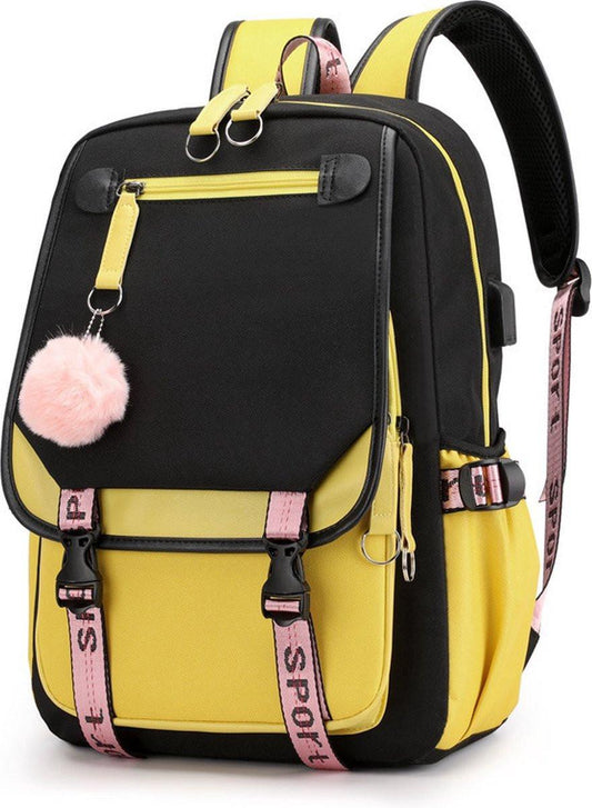 Girls School Student School Bag Outdoor Backpack With USB Charging Port, Black Yellow - School Bag - Backpack - Rucksack - School - Girls - Boys - Teenagers - Book Bag - Girl's Backpack - Backpacks - Rucksack For Children - Waterproof - Laptop Backpack.