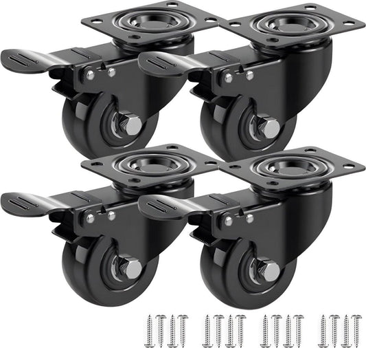 Heavy-Duty Swivel Casters with Brakes - Set of 4 - 50 mm up to 200 kg - With Screws - Swivel Casters - Rubber Trolley Wheels - Cart Wheels - Transport Cart - Casters for Furniture - Flexible - Durable - Black.