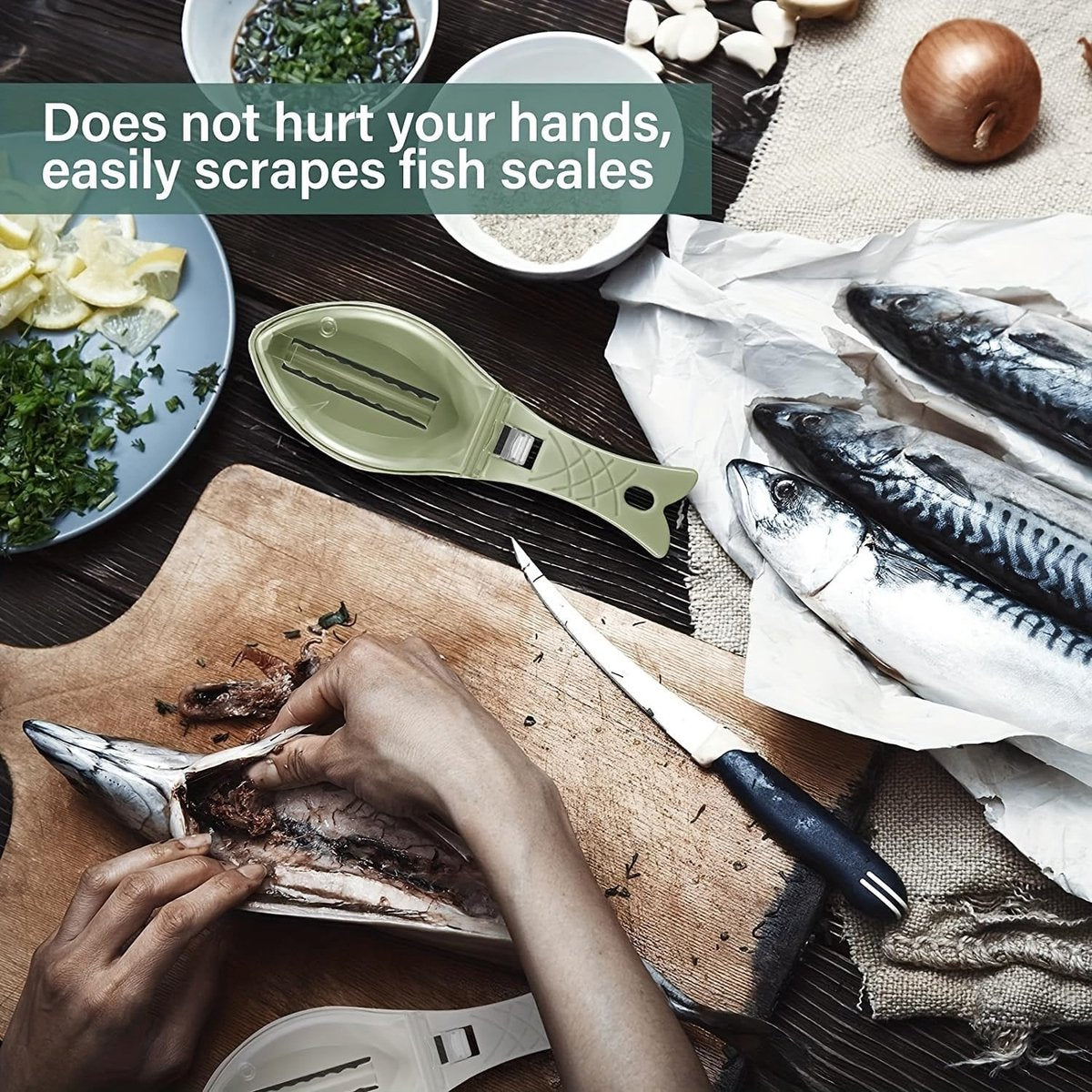 Fish Scraper - Professional Scale Remover - Fast and Efficient - Portable Scale Removal - Universal Fish Descaler - Fish Descaler - Fish Scraper - with Handy Collection Tray - for Kitchen / Restaurant - Green - Piece
