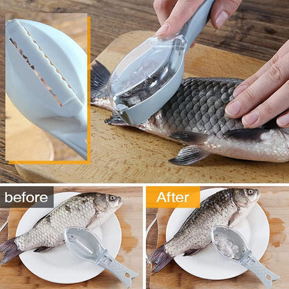Fish Scraper - Professional Scale Remover - Fast and Efficient - Portable Scale Removal - Universal Fish Descaler - Fish Descaler - Fish Scraper - with Handy Collection Tray - for Kitchen / Restaurant - Green - Piece