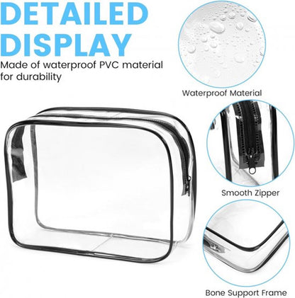 Transparent Travel Toiletry Bag Set - 3 Pieces - Toiletries Travel Bag - Makeup Bag - Makeup Pouches - Travel Organizers - Beauty Case - Travel Organizer - Transparent Packing Cubes Suitcase Organizer - Cosmetics Bag - Waterproof - Black/Transparent