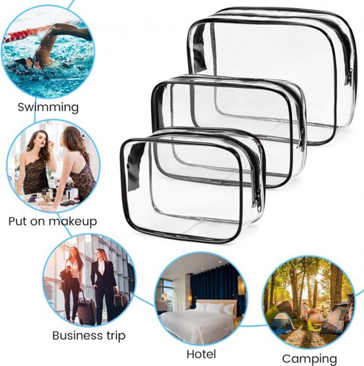 Transparent Travel Toiletry Bag Set - 3 Pieces - Toiletries Travel Bag - Makeup Bag - Makeup Pouches - Travel Organizers - Beauty Case - Travel Organizer - Transparent Packing Cubes Suitcase Organizer - Cosmetics Bag - Waterproof - Black/Transparent