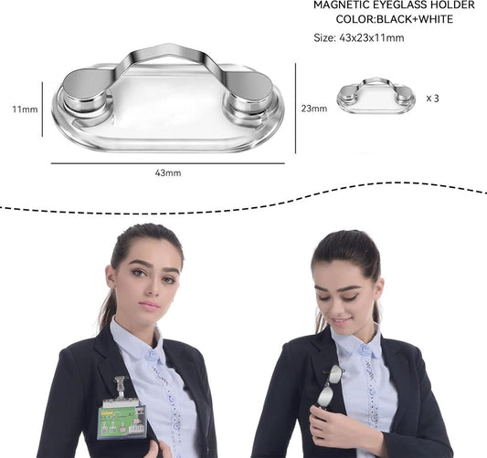 Magnetic Glasses Clip - 3 Pieces - Shirt Clip - Glasses Cord - ID Card Holder - Can Be Attached to Clothing - Metal - Glasses Holder - Glasses Clip - Glasses Clip - Glasses Holder - Clothing - Breast Pocket - Silver - For Glasses Ballpoint Pen Badge And A