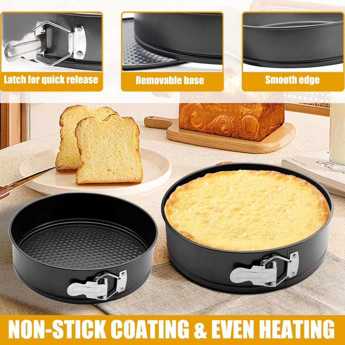 3-Piece Round Springform Set - Round Baking Tin - Cake Pan - Non-Stick Baking Pan - 20, 22 and 24cm - Removable Base - Bakes Evenly - Baking Set - Cake Pan - Dishwasher Safe - Metal - Black
