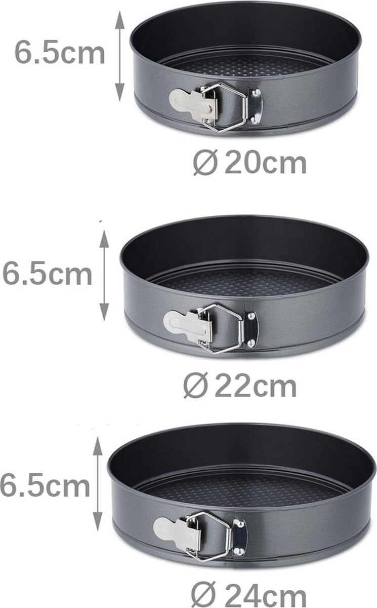 3-Piece Round Springform Set - Round Baking Tin - Cake Pan - Non-Stick Baking Pan - 20, 22 and 24cm - Removable Base - Bakes Evenly - Baking Set - Cake Pan - Dishwasher Safe - Metal - Black