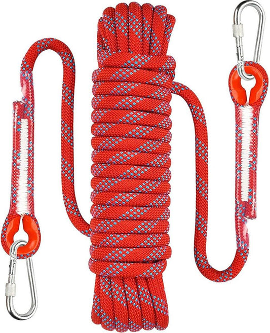 Climbing rope 10 meters - 1000 kg tensile strength - including 2 carabiners - red.