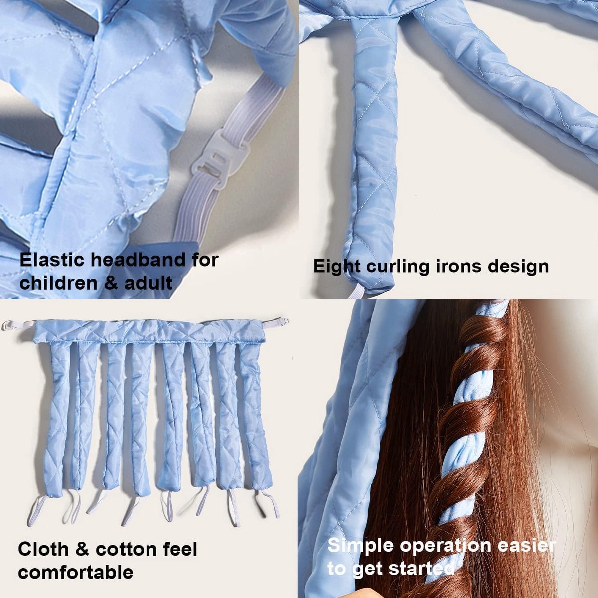 Heatless Curls - Curlers - Heatless Curler - Hair Curler - Curl Rollers - Create Curls Without Heat - Curlers - Hair Rollers - Overnight Curls - Self-Adhesive - Satin - Blue - Harmless & Tasteless