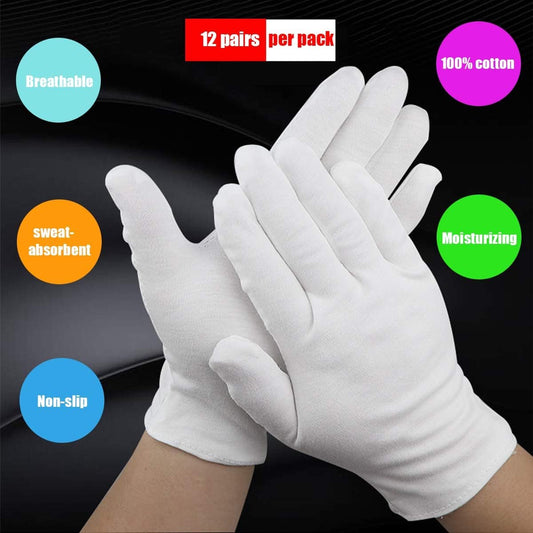 Cotton gloves - 12 Pairs - white - soft hand cotton - Used For Cosmetics, Jewelry Coin Inspection, Inspection Gloves, Service Gloves, Moisture Gloves - everyday cotton gloves