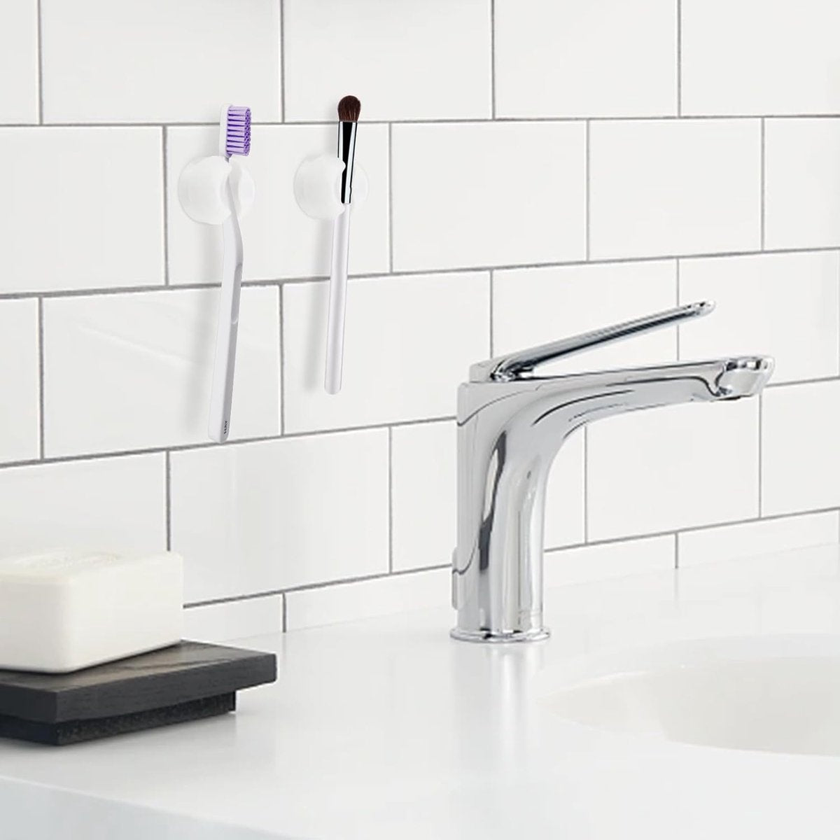 Toothbrush Holder - 10 Pieces - Holder - Bathroom - With Suction Cup - Washbasin - Shelf - Storage - Holder - Hygienic - Bathroom Gadgets - Bathroom Accessory - Wall Mounting - No Drilling Required - Plastic - Toothbrush - White