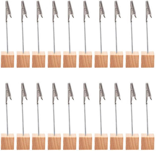 20 pieces wooden memo clip holder table numbers place card holders lightweight wooden cube base, memo photo photo paper note clip - brown