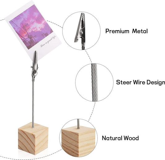 20 pieces wooden memo clip holder table numbers place card holders lightweight wooden cube base, memo photo photo paper note clip - brown
