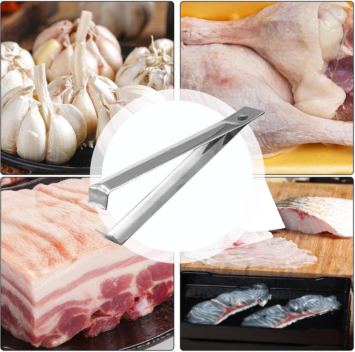 Garlic Peeler - 2 Pieces - Fishbone Tweezers - Tweezers - Kitchen Tweezers - Kitchen Aid - Silver-colored - Ergonomic Handle - Easy to Use - 10.9cm - Stainless Steel