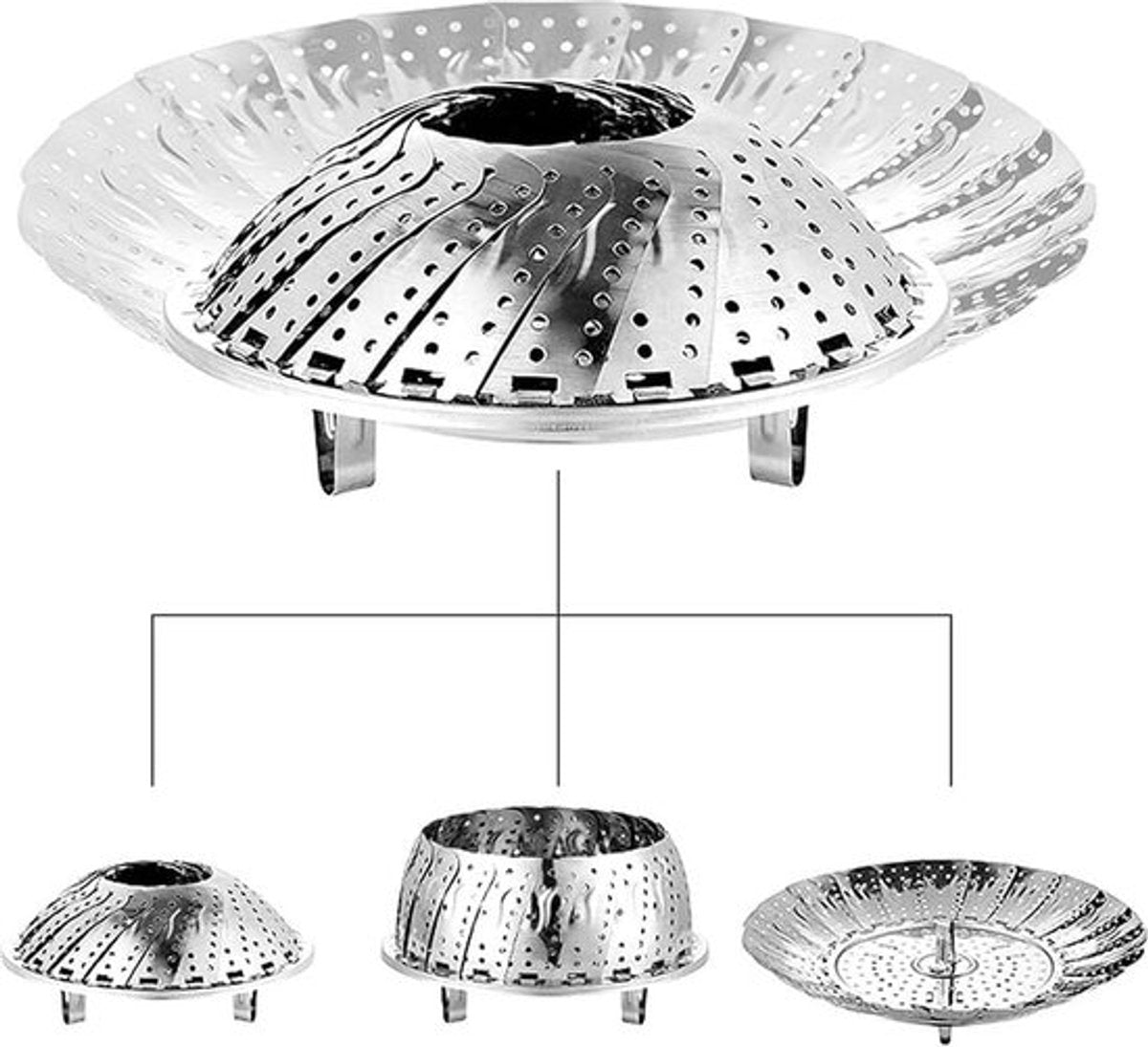 Steamer Basket - Vegetable Steamer - Stainless Steel - Steaming Rack - Steamer Basket Pan - Adjustable - Foldable Steamer Basket - Diameter 24 Cm - Steam Flower - Steamer Basket - For Vegetables, Pans and Various Cooking Processes - Silver - 1 Piece