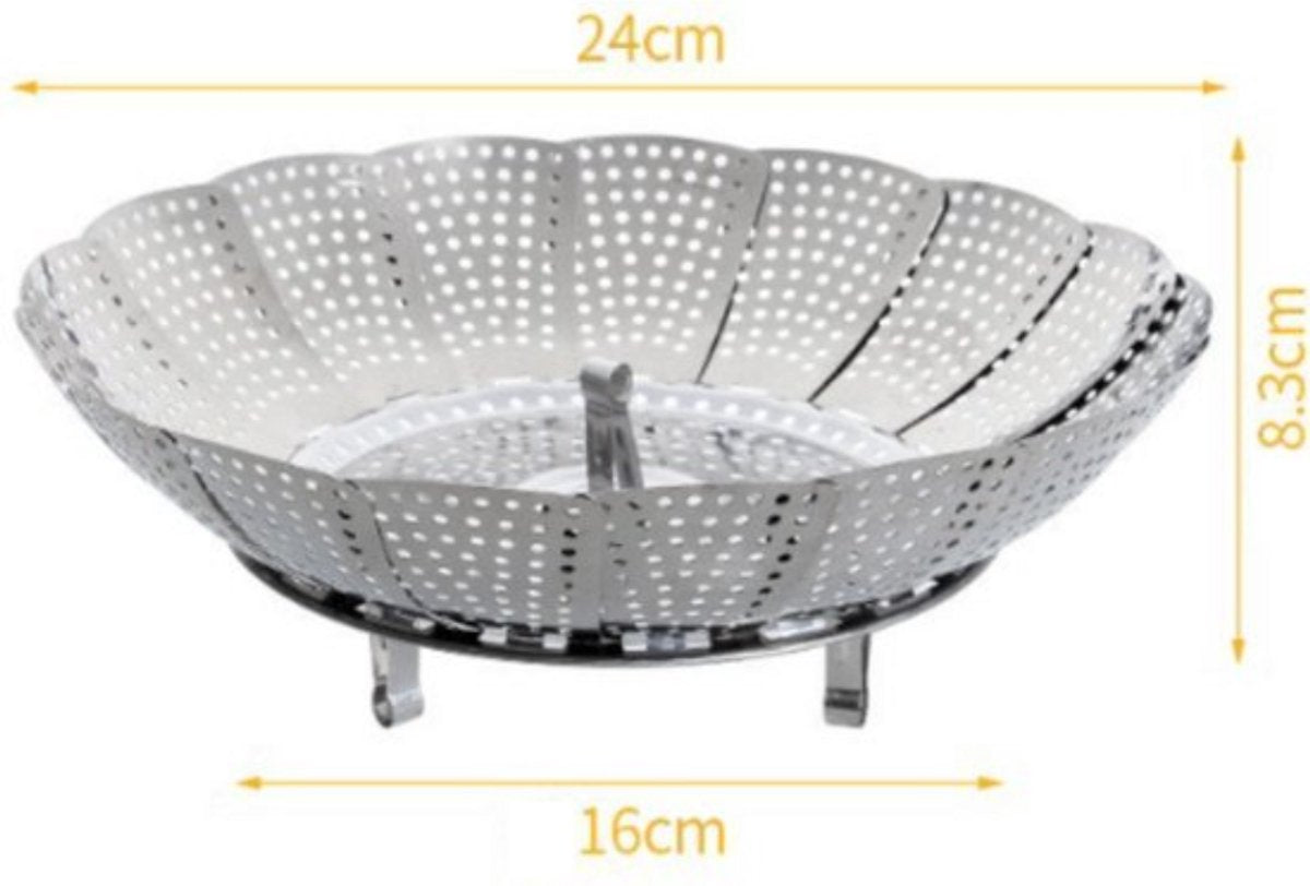 Steamer Basket - Vegetable Steamer - Stainless Steel - Steaming Rack - Steamer Basket Pan - Adjustable - Foldable Steamer Basket - Diameter 24 Cm - Steam Flower - Steamer Basket - For Vegetables, Pans and Various Cooking Processes - Silver - 1 Piece