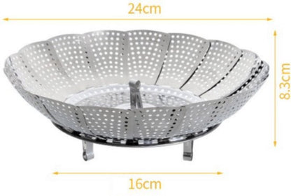 Steamer Basket - Vegetable Steamer - Stainless Steel - Steaming Rack - Steamer Basket Pan - Adjustable - Foldable Steamer Basket - Diameter 24 Cm - Steam Flower - Steamer Basket - For Vegetables, Pans and Various Cooking Processes - Silver - 1 Piece