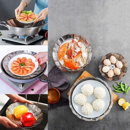 Steamer Basket - Vegetable Steamer - Stainless Steel - Steaming Rack - Steamer Basket Pan - Adjustable - Foldable Steamer Basket - Diameter 24 Cm - Steam Flower - Steamer Basket - For Vegetables, Pans and Various Cooking Processes - Silver - 1 Piece