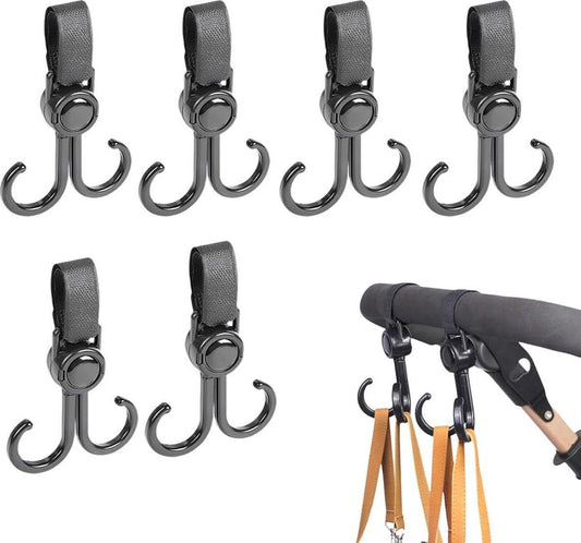 Stroller Bag Hooks - 6 Pieces - Bag Hook - Bag Hanger - Buggy Hooks - Baby Stroller - Diaper Bag Hook - Shopping Hook - Hooks for Bags - Universal Hook - Buggy Hook - Extra Sturdy - For Stroller, Buggy, Wheelchair - Black.