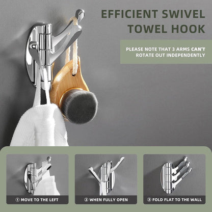 Wall Hook - Swivel Hooks - Foldable Coat and Towel Hook - Triple Hook - Small Hooks - Hanging Hooks - Wall Hook - Coat Hook - Towel Hanger - Small Towel Hooks - Coat Rack Hook - Coat Rack Hooks - Hat Hook - Metal - For Bathroom, Kitchen - Chrome Silver