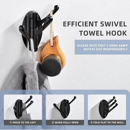 Wall Hook - Swivel Hooks - Foldable Towel Hook - Triple Hook - Hooks - Hanging Hooks - Wall Hook - Coat Hook - Towel Hanger - Towel Hooks - Coat Rack Hook - Coat Rack Hooks - Hat Hook - Metal - For Bathroom, Kitchen - Matte Black