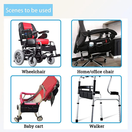 Wheelchair Armrest Storage Bag - Wheelchair Bag with 4 Storage Compartments - 32.5 x 18 cm - Waterproof Armrest Bag - with Safety Reflective Stripe - Universal Wheelchair Side Bag - Wheelchair Bag - Mobility Scooter Bag - Wheelchair Shopping Bag - Black