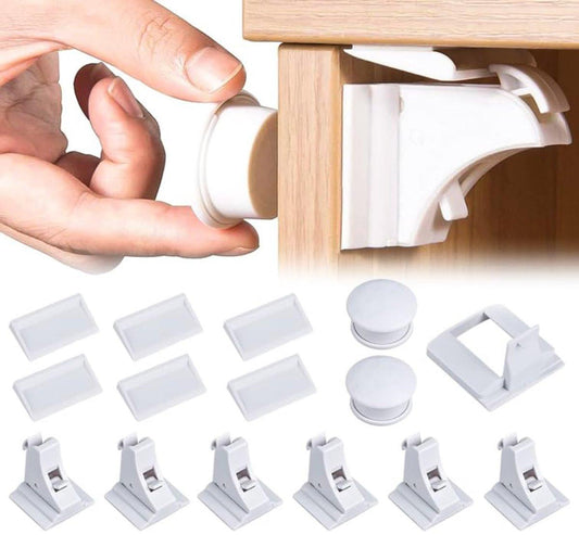 Magnetic Child Lock for Cabinets - Self-Adhesive Safety Hooks - 6 Locks and 2 Keys - Magnetic Lock - Cabinet Security for Children - Baby Toddler Magnetic Security for Cabinet, Door, and Drawer - Magnetic Closure - No Drilling or Screws - White.