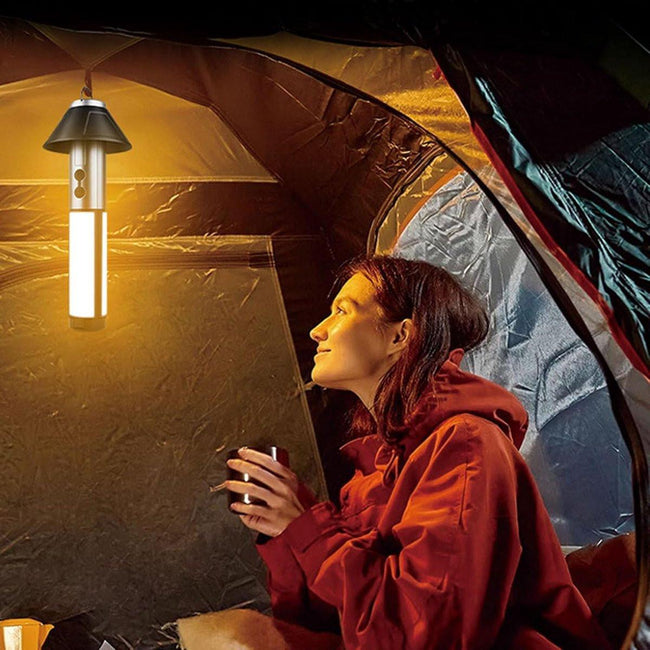 Camping Lamp - Tent Lamp - Rechargeable Telescopic Camping Light - Outdoor - LED Lamp - Hangable - Rechargeable - With Hook and Flashlight - For Camping, Hiking, Power Outages, Emergencies - Black - 1 Piece Main Image