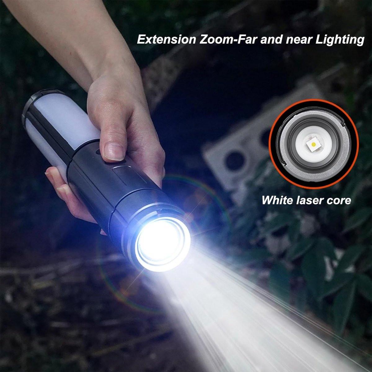 Camping Lamp - Tent Lamp - Rechargeable Telescopic Camping Light - Outdoor - LED Lamp - Hangable - Rechargeable - With Hook and Flashlight - For Camping, Hiking, Power Outages, Emergencies - Black - 1 Piece.