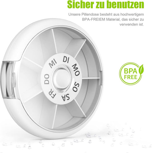 7-Day Pill Box - Portable Small Tablet Dispenser - Round Medicine Box - Practical Pill Box - Easy-to-Forget Weekly Box - For All Types of People, Elderly People, Young People, Children - White