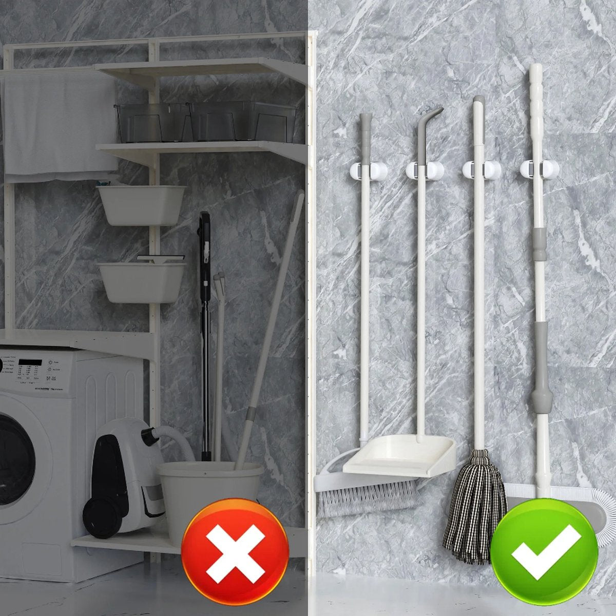 Broom Holder - 3 Pieces - Self-Adhesive - Broom Hanging System - Broom Holder - Garden Tools - Tool Holder - Wall Mount - For Office, Kitchen, Garage, Garden, Storage and Save Space - For Mop and Broom - White