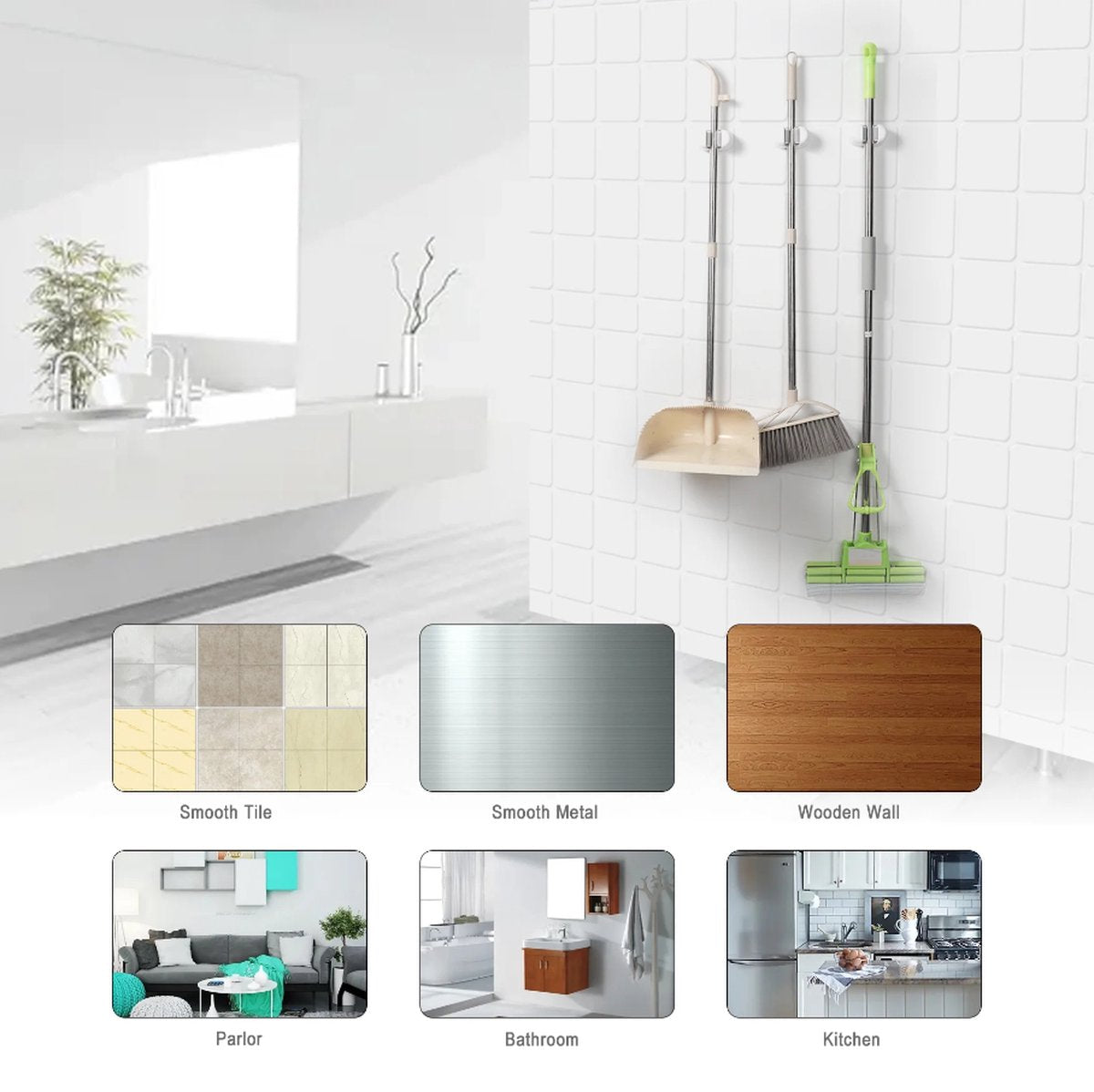 Broom Holder - 3 Pieces - Self-Adhesive - Broom Hanging System - Broom Holder - Garden Tools - Tool Holder - Wall Mount - For Office, Kitchen, Garage, Garden, Storage and Save Space - For Mop and Broom - White